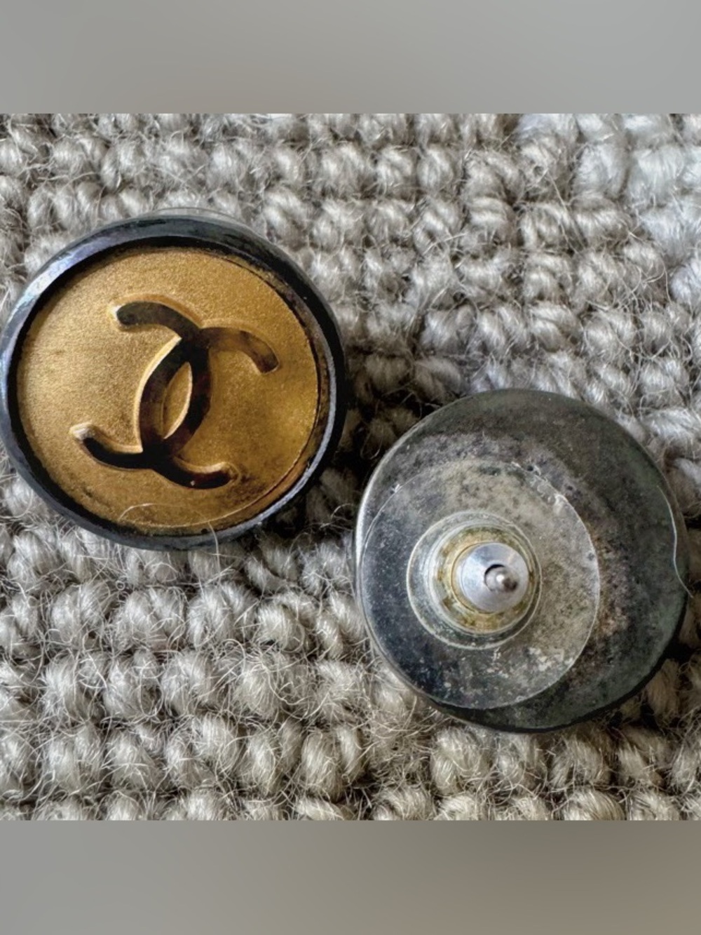 Upcycled Vintage Chanel Button Earrings Gold Tone CC Logo Stud Style - Picture 4 of 6